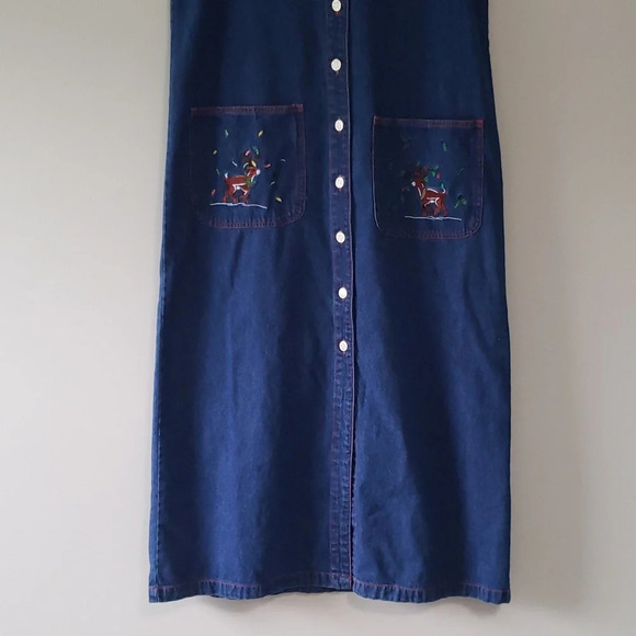 TY Original Wear VTG Denim Embroidered Sleeveless Jumper Dress Women 10 Reindeer - Picture 3 of 11
